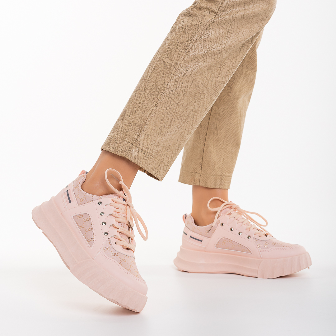 Γυναικεία αθλητικά παπούτσια  ροζ από οικολογικό δέρμα και ύφασμα Meriz, 5 - Kalapod.gr