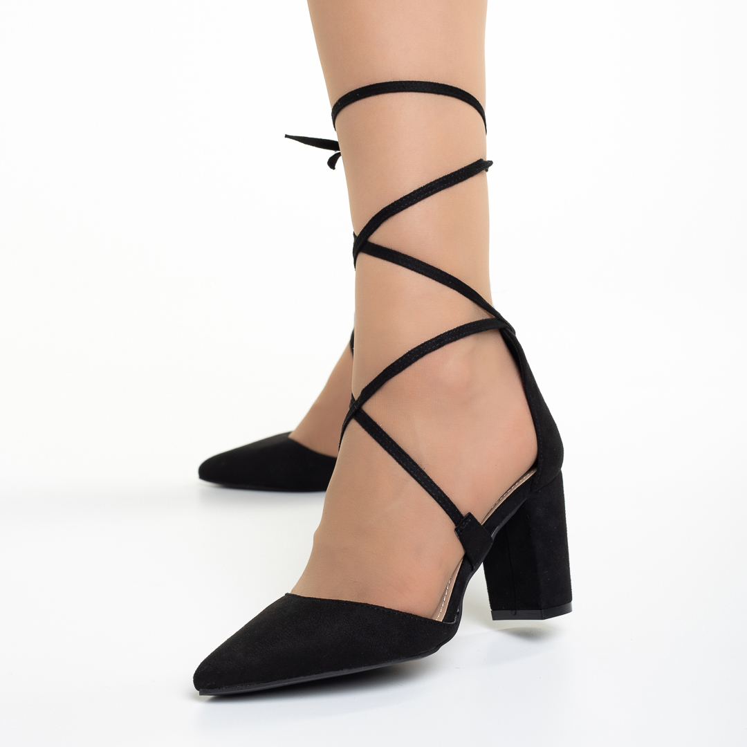 Γυναικεία παπούτσια μαύρα με τακούνι από ύφασμα Tasia, 3 - Kalapod.gr