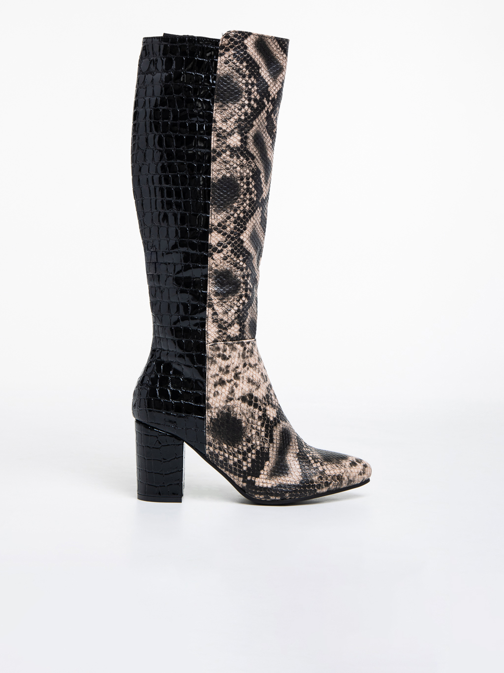 Γυναικείες μπότες μαύρα cu μπεζ από οικολογικό δέρμα λουστρίνι Dorka, 5 - Kalapod.gr