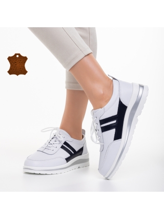 Casual παπούτσια, Γυναικεία casual παπούτσια λευκά με μπλε από φυσικό δέρμα Zenni - Kalapod.gr