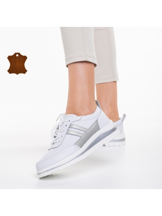 Casual παπούτσια, Γυναικεία casual παπούτσια λευκά με ασημί από φυσικό δέρμα Zenni - Kalapod.gr
