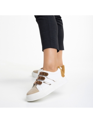 Γυναικεία Αθλητικά Παπούτσια, Γυναικεία αθλητικά παπούτσια  λευκά cu μπεζ σκούρο από οικολογικό δέρμα   Oakley - Kalapod.gr