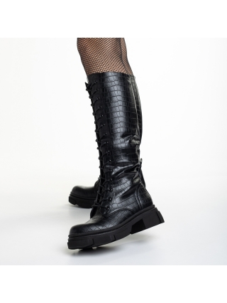 Γυναικείες Μπότες, Γυναικείες μπότες μαύρες Croco  από οικολογικό δέρμα  Maybelle - Kalapod.gr
