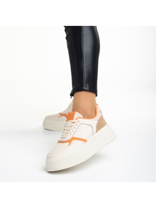 Γυναικεία Αθλητικά Παπούτσια, Γυναικεία αθλητικά παπούτσια  μπεζ με πορτοκαλί από οικολογικό δέρμα Tayah - Kalapod.gr