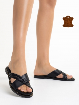 Γυναικεία σανδάλια και παντόφλες, Γυναικείες παντόφλες μαύρα από γνήσιο δέρμα Damia - Kalapod.gr