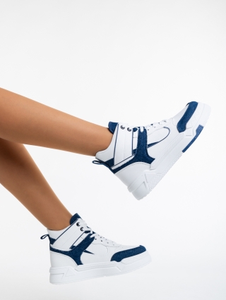 Γυναικεία Αθλητικά Παπούτσια, Γυναικεία αθλητικά παπούτσια λευκά  με σκούρο μπλε από οικολογικό δέρμα  και ύφασμα Saranya - Kalapod.gr