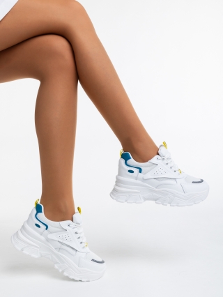 Γυναικεία Αθλητικά Παπούτσια, Γυναικεία αθλητικά παπούτσια λευκά  με μπλε από οικολογικό δέρμα  και ύφασμα Sanjana - Kalapod.gr
