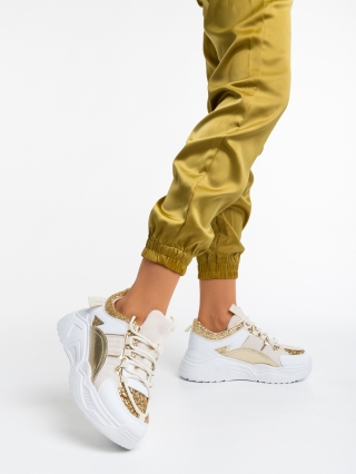 Γυναικεία αθλητικά παπούτσια  λευκά με χρυσάφι από οικολογικό δέρμα και ύφασμα  Reena - Kalapod.gr