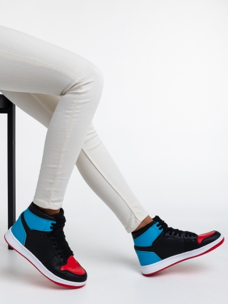 Γυναικεία αθλητικά παπούτσια μαύρα με κόκκινο και μπλε από οικολογικό δέρμα Cass - Kalapod.gr