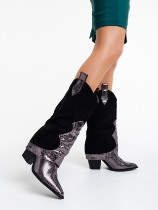 Γυναικείες Μπότες, Γυναικείες μπότες μαύρα με γκρί από ύφασμα Margareeta - Kalapod.gr
