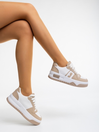 Γυναικεία Αθλητικά Παπούτσια, Γυναικεία αθλητικά παπούτσια λευκά με μπεζ σκούρο από οικολογικό δέρμα  Esmerelda - Kalapod.gr