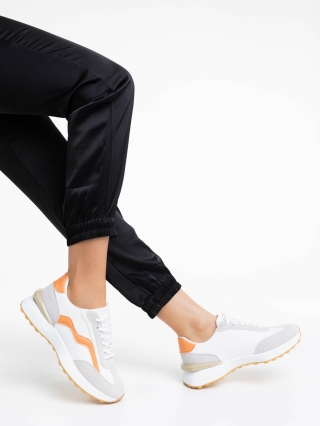 Γυναικεία Αθλητικά Παπούτσια, Γυναικεία αθλητικά παπούτσια λευκά με πορτοκαλί από οικολογικό δέρμα Dilly - Kalapod.gr