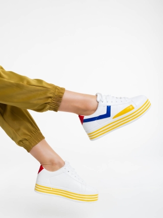 Γυναικεία Αθλητικά Παπούτσια, Γυναικεία αθλητικά παπούτσια λευκά με κίτρινο από οικολογικό δέρμα Gratiela - Kalapod.gr