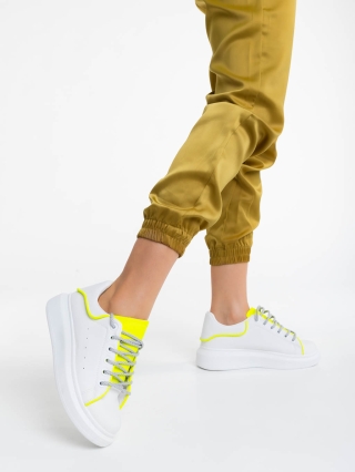 Νέα, Γυναικεία αθλητικά παπούτσια λευκά με κίτρινο από οικολογικό δέρμα Brinda - Kalapod.gr