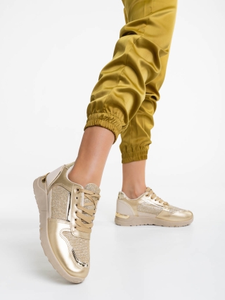 Γυναικεία αθλητικά παπούτσια μπεζ με χρυσαφί από οικολογικό δέρμα Litsa - Kalapod.gr