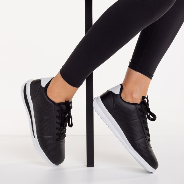 Γυναικεία αθλητικά παπούτσια μαυρά με λευκό από οικολογικό δέρμα Jesika, 3 - Kalapod.gr