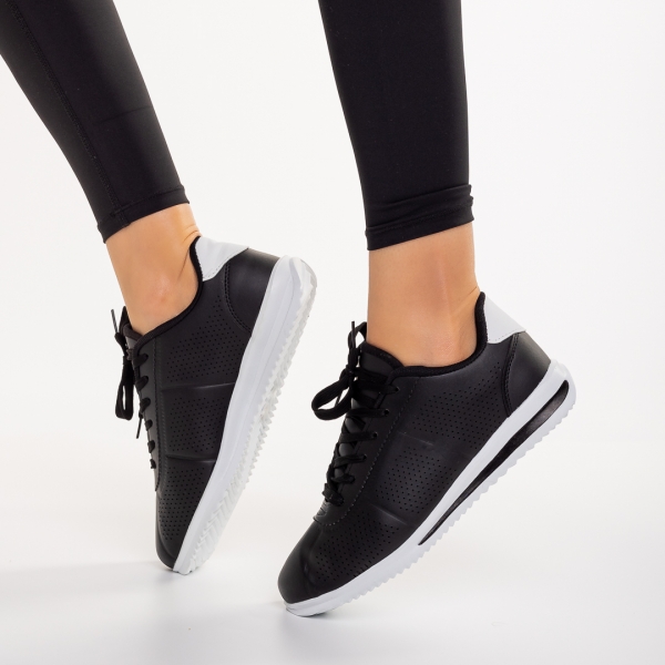 Γυναικεία αθλητικά παπούτσια μαυρά με λευκό από οικολογικό δέρμα Jesika, 5 - Kalapod.gr