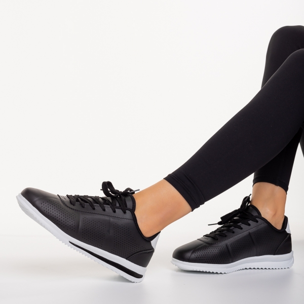 Γυναικεία αθλητικά παπούτσια μαυρά με λευκό από οικολογικό δέρμα Jesika, 6 - Kalapod.gr