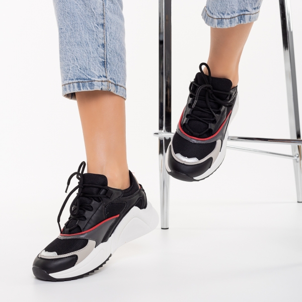 Γυναικεία αθλητικά παπούτσια μαύρα από οικολογικό δέρμα και ύφασμα Dewina - Kalapod.gr