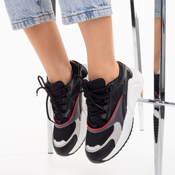 Γυναικεία αθλητικά παπούτσια μαύρα από οικολογικό δέρμα και ύφασμα Dewina, 3 - Kalapod.gr