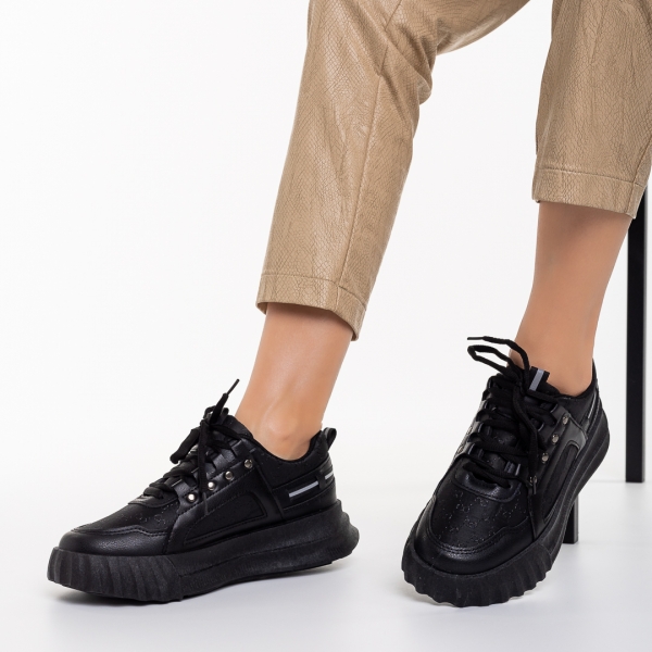 Γυναικεία αθλητικά παπούτσια μαύρα από οικολογικό δέρμα και ύφασμα Meriz, 3 - Kalapod.gr