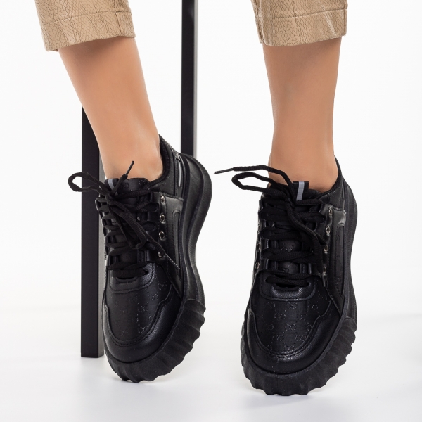 Γυναικεία αθλητικά παπούτσια μαύρα από οικολογικό δέρμα και ύφασμα Meriz, 4 - Kalapod.gr