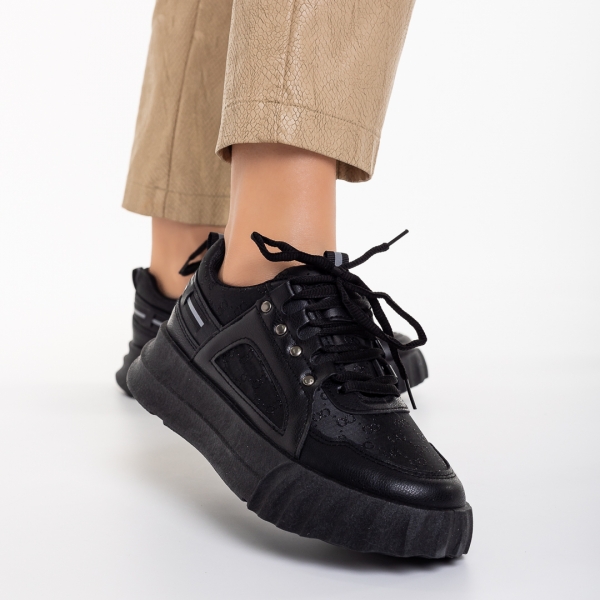 Γυναικεία αθλητικά παπούτσια μαύρα από οικολογικό δέρμα και ύφασμα Meriz, 5 - Kalapod.gr