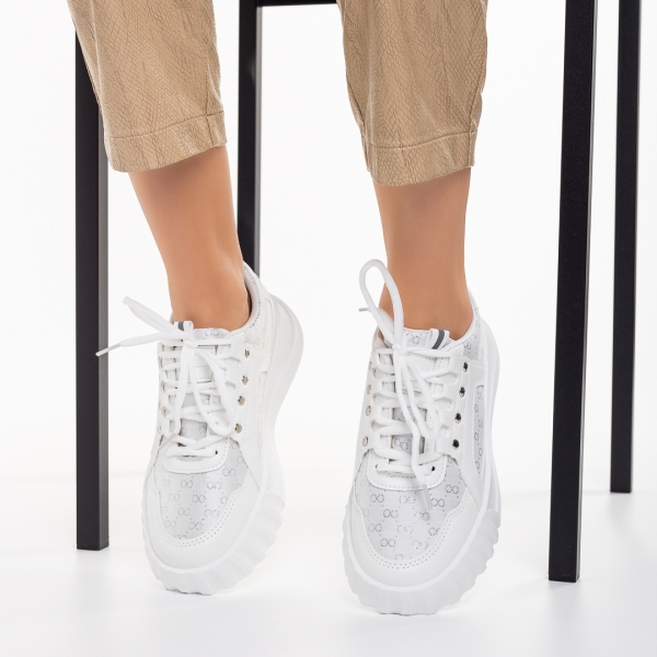 Γυναικεία αθλητικά παπούτσια λευκά από οικολογικό δέρμα και ύφασμα Meriz, 3 - Kalapod.gr