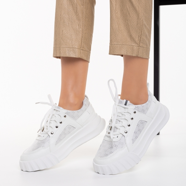 Γυναικεία αθλητικά παπούτσια λευκά από οικολογικό δέρμα και ύφασμα Meriz, 4 - Kalapod.gr