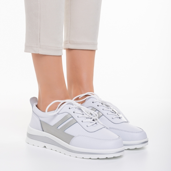 Γυναικεία casual παπούτσια λευκά με ασημί από φυσικό δέρμα Zenni, 3 - Kalapod.gr