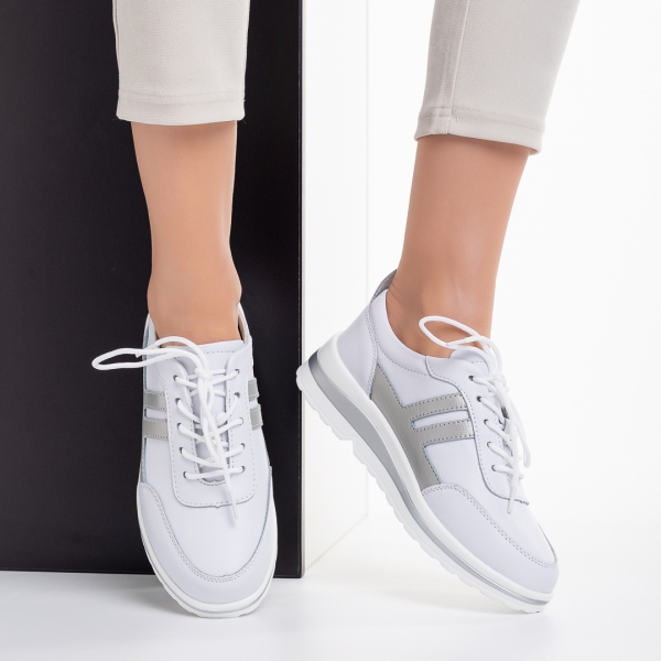 Γυναικεία casual παπούτσια λευκά με ασημί από φυσικό δέρμα Zenni, 5 - Kalapod.gr