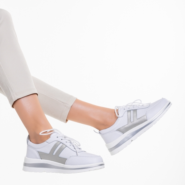 Γυναικεία casual παπούτσια λευκά με ασημί από φυσικό δέρμα Zenni, 6 - Kalapod.gr