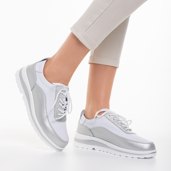 Γυναικεία casual παπούτσια  λευκά με ασημί από φυσικό δέρμα  Lessie, 4 - Kalapod.gr