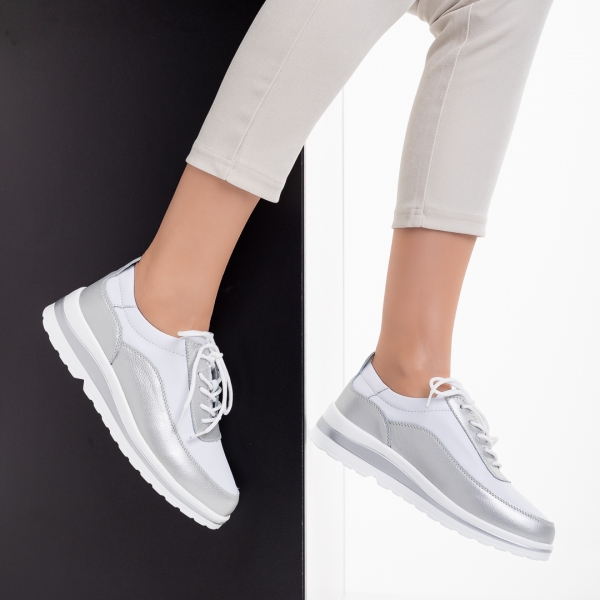 Γυναικεία casual παπούτσια  λευκά με ασημί από φυσικό δέρμα  Lessie, 5 - Kalapod.gr