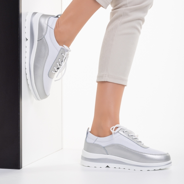 Γυναικεία casual παπούτσια  λευκά με ασημί από φυσικό δέρμα  Lessie, 3 - Kalapod.gr