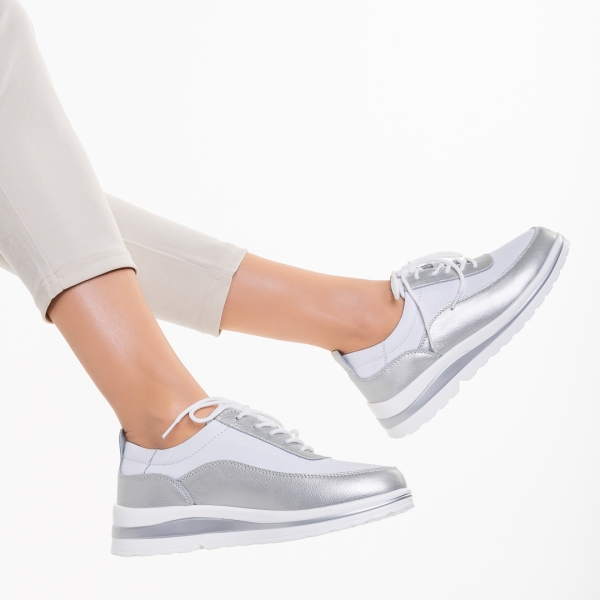 Γυναικεία casual παπούτσια  λευκά με ασημί από φυσικό δέρμα  Lessie, 6 - Kalapod.gr