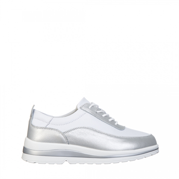 Γυναικεία casual παπούτσια  λευκά με ασημί από φυσικό δέρμα  Lessie, 2 - Kalapod.gr