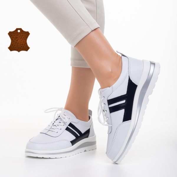 Γυναικεία casual παπούτσια λευκά με μπλε από φυσικό δέρμα Zenni - Kalapod.gr