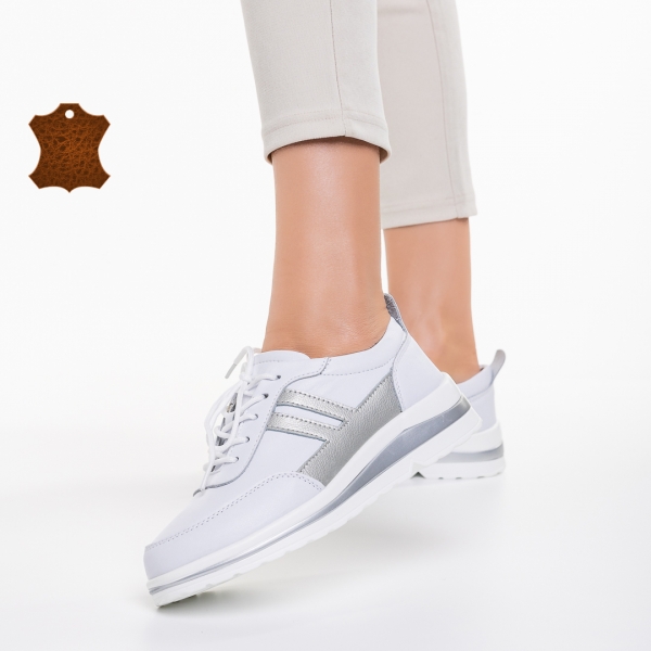 Γυναικεία casual παπούτσια λευκά με ασημί από φυσικό δέρμα Zenni - Kalapod.gr