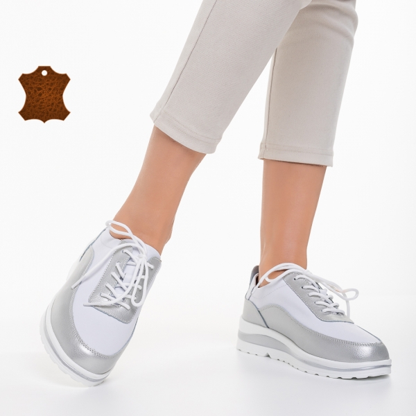 Γυναικεία casual παπούτσια  λευκά με ασημί από φυσικό δέρμα  Lessie - Kalapod.gr