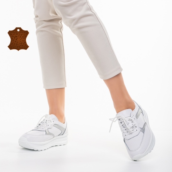 Γυναικεία casual παπούτσια λευκά με ασημί από φυσικό δέρμα Magnolia - Kalapod.gr