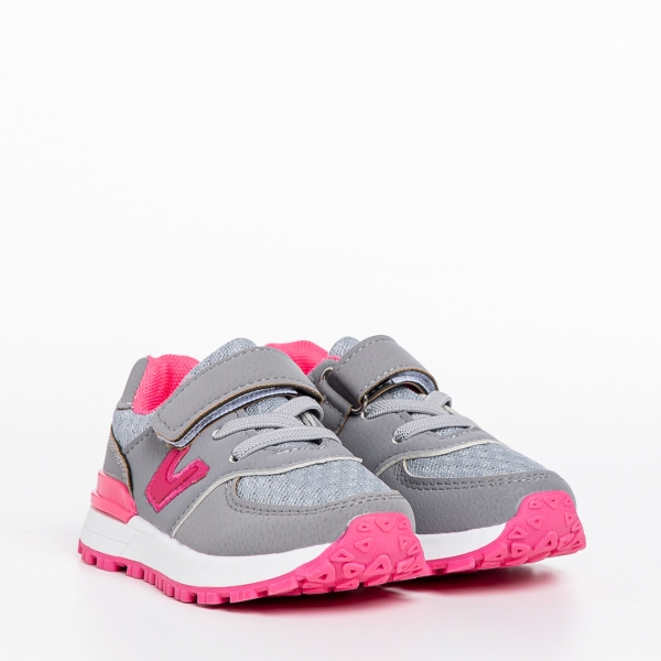 Παιδικά αθλητικά παπούτσια γκρι με ροζ από οικολογικό δέρμα Rockie, 2 - Kalapod.gr