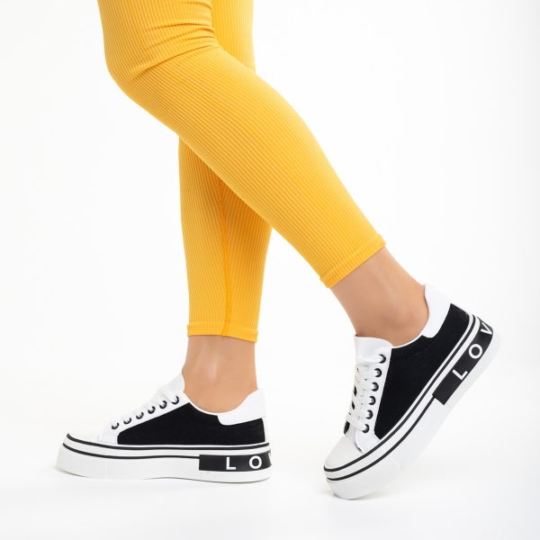 Γυναικεία αθλητικά παπούτσια λευκά με μαύρο από οικολογικό δέρμα και ύφασμα Calandra, 3 - Kalapod.gr