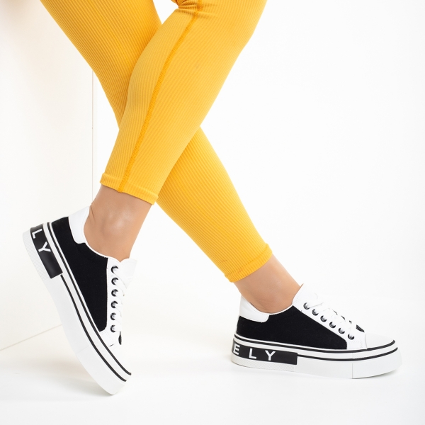 Γυναικεία αθλητικά παπούτσια λευκά με μαύρο από οικολογικό δέρμα και ύφασμα Calandra, 5 - Kalapod.gr