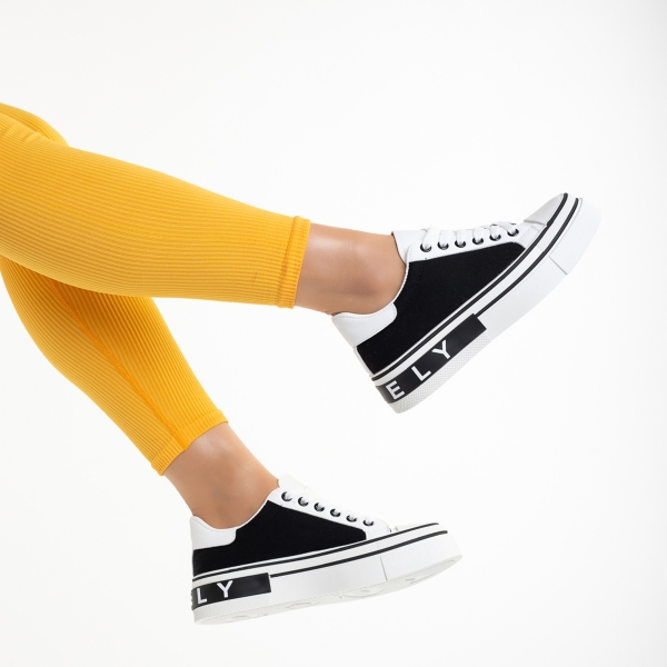 Γυναικεία αθλητικά παπούτσια λευκά με μαύρο από οικολογικό δέρμα και ύφασμα Calandra, 6 - Kalapod.gr