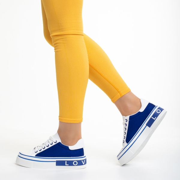 Γυναικεία αθλητικά παπούτσια λευκά  με μπλε από οικολογικό δέρμα και ύφασμα Calandra, 3 - Kalapod.gr