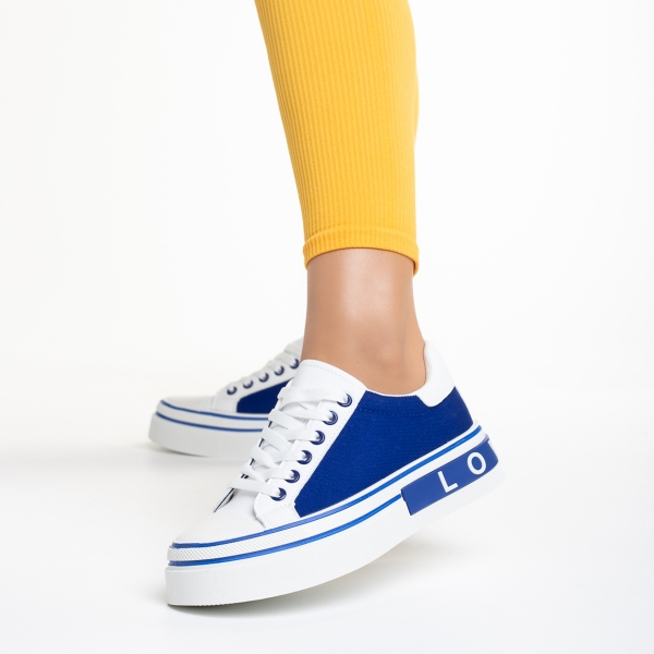 Γυναικεία αθλητικά παπούτσια λευκά  με μπλε από οικολογικό δέρμα και ύφασμα Calandra, 4 - Kalapod.gr