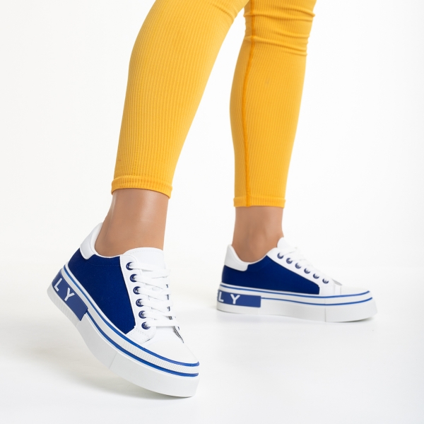 Γυναικεία αθλητικά παπούτσια λευκά  με μπλε από οικολογικό δέρμα και ύφασμα Calandra - Kalapod.gr