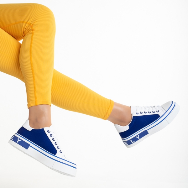 Γυναικεία αθλητικά παπούτσια λευκά  με μπλε από οικολογικό δέρμα και ύφασμα Calandra, 6 - Kalapod.gr