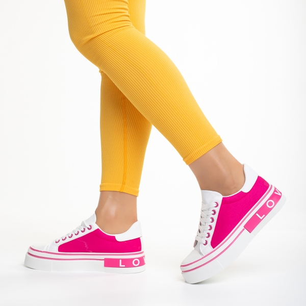 Γυναικεία αθλητικά παπούτσια λευκά  με ροζ από οικολογικό δέρμα και ύφασμα Calandra, 3 - Kalapod.gr